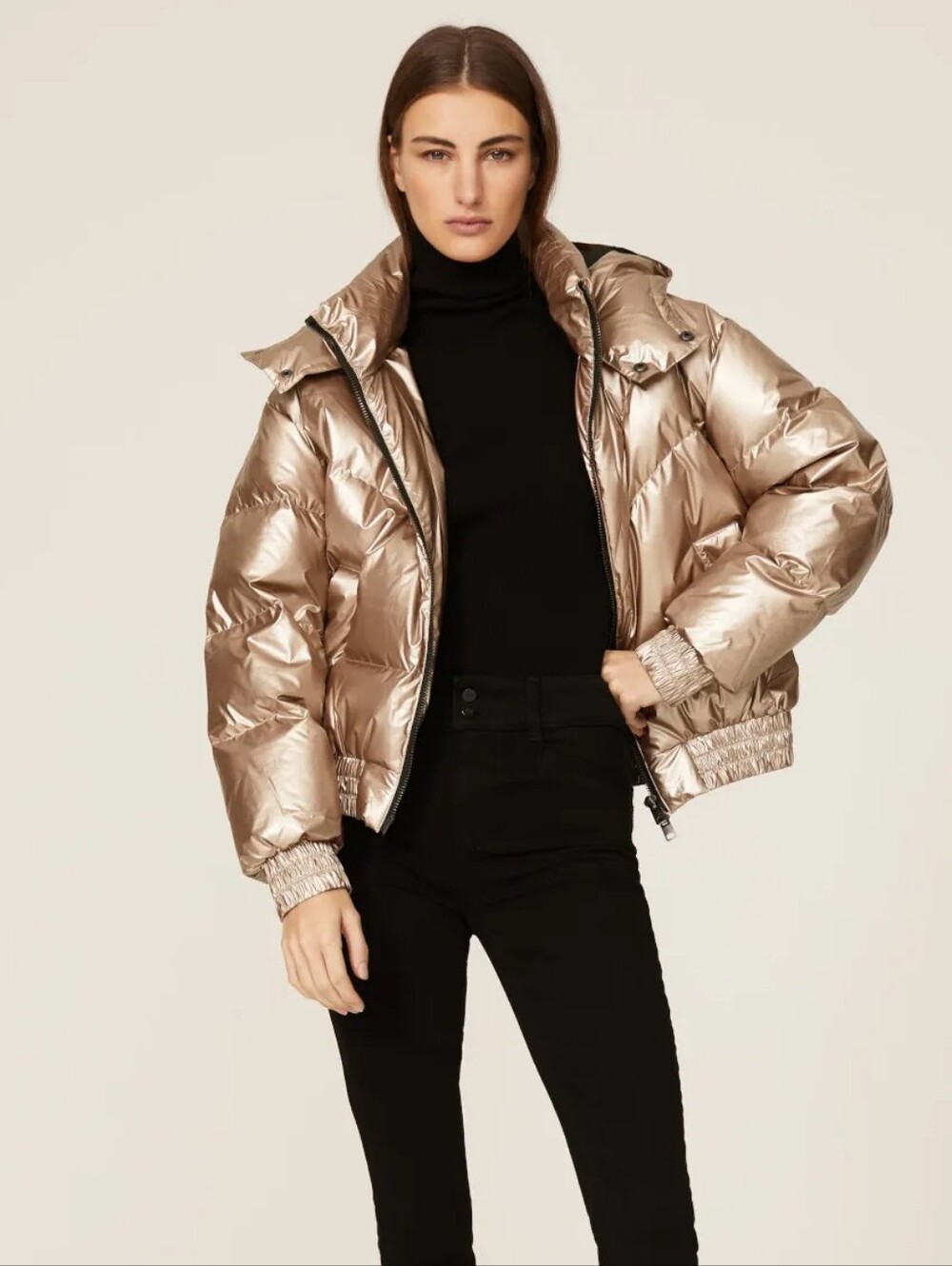 All Saints Mika Metallic Gold Cropped Puffer Jacket Size 2